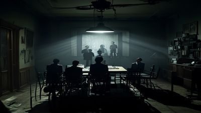 悬疑惊悚电影《消失的证人》昏暗审讯室中侦探审视证据照片，氛围紧张压抑
